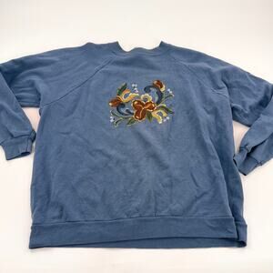 Vintage women's slate blue raglan sweater hand painted folk flower design  XL